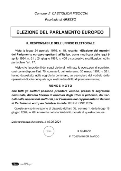 Elezioni Europee del 8/9 giugno 2024 - deposito verbali in Segreteria