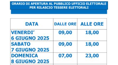 Referendum 8/9 giugno 2025 - orario apertura ufficio elettorale per rilascio tessere Referendum 8/9 giugno 2025 - orario apertura ufficio elettorale per rilascio tessere