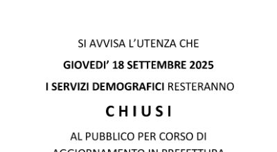 Chiusura al pubblico servizi demografici Chiusura al pubblico servizi demografici